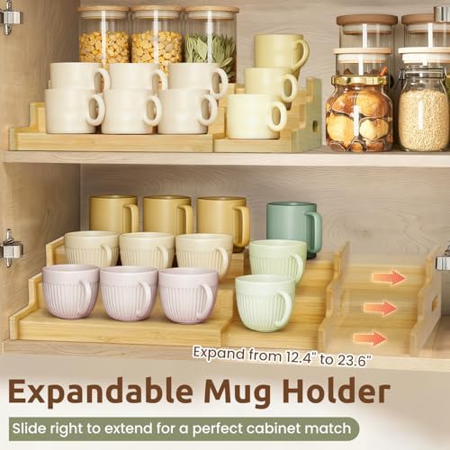 3-Tier Expandable Bamboo Mug Holder for Countertop Coffee Cup Holder Display Mug Organizer Mug Rack for Coffee Bar Organizer Mug Shelf for Cabinet for Kitchen, Home, No Assembly - Image 5