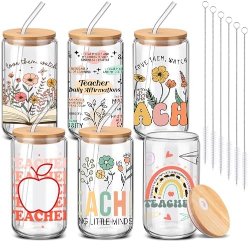 6 Pcs Back to School Teacher Gifts Bulk 16 oz Teacher Glass Cups by RimCereal
