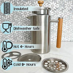 Stellar Living 34 OZ Stainless Steel French Press Coffee Maker with Double Vacuum Insulation, Maximum Flavor Coffee Brewer, Tea and Coffee Press, Camp Coffee Maker - Matte Silver with Wooden Handle - Image 2