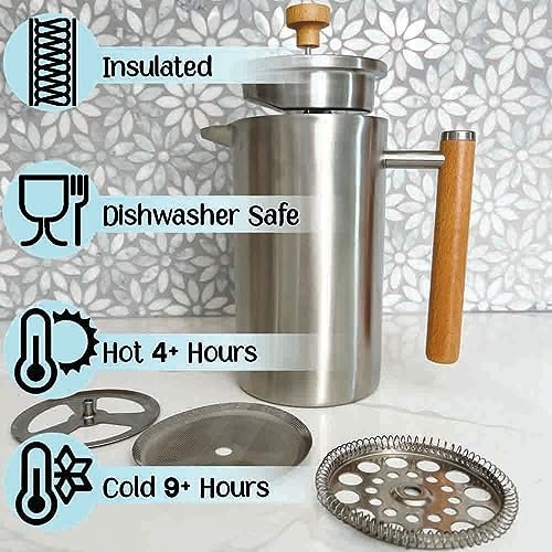 Stellar Living 34 OZ Stainless Steel French Press Coffee Maker with Double Vacuum Insulation, Maximum Flavor Coffee Brewer, Tea and Coffee Press, Camp Coffee Maker - Matte Silver with Wooden Handle - Image 2
