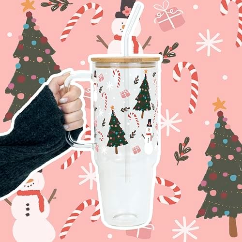 Christmas Sketch Doodle 40oz Glass Tumbler with Lid and Straw - Image 7