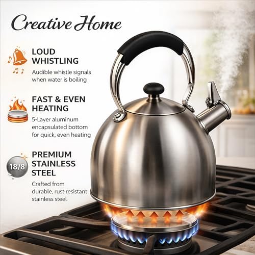 Creative Home 2.6 Qt Heavy-Duty Stainless Steel Whistling Tea Kettle, Durable Heat‑Efficient Water Boiler with Steam Whistle and Heat-Resistant Handle, Induction‑Safe Kitchen Pot and Stylish Gift - Image 4