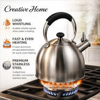 Creative Home 2.6 Qt Heavy-Duty Stainless Steel Whistling Tea Kettle, Durable Heat‑Efficient Water Boiler with Steam Whistle and Heat-Resistant Handle, Induction‑Safe Kitchen Pot and Stylish Gift - Image 4