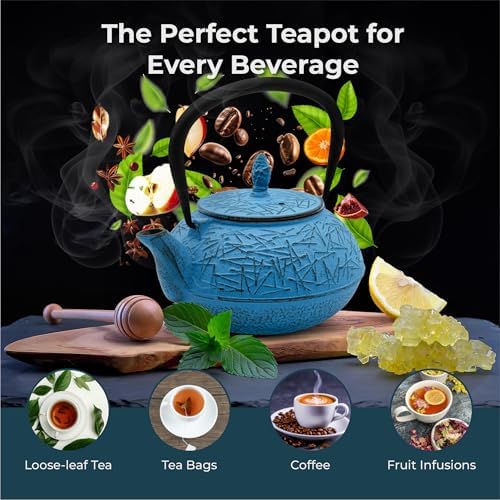 Zen Minded Traditional Japanese Cast Iron Tetsubin Stovetop Teakettle Teapot with Stainless-steel Mesh Loose-leaf Filter for Green Tea & Infusions 800ml Pine Pattern - Blue - Image 6