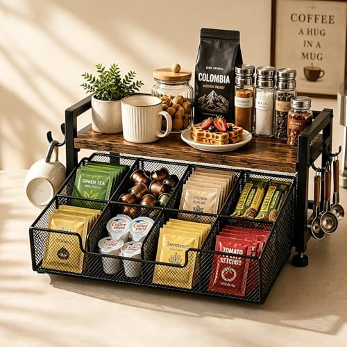 Tea Bag Organizer, Tea Bag Organizer Drawer, Wood Tea Organizers and Storage Chest Teabag Holder with Storage Drawer,Rustic Brown for Countertop Kitchen, Office by GUDGIchoiceforfamilylife