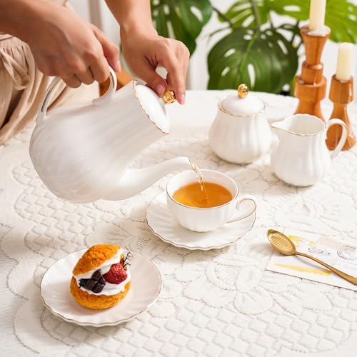 Agyiuns Tea Pot, Porcelain Teapot 37oz，tea pots for tea party，Tea Infuser Pots for Blooming loose Leaf Tea(White) - Image 4
