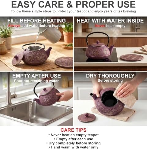 40 Oz Purple Maple Leaf Cast Iron Teapot, Enamel Interior, Infuser & Trivet - Image 6