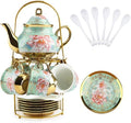 20Pcs Porcelain Tea Set with Metal Holder and Spoons, Floral Tea Sets for Adults with Teapot Cups Saucers, European Ceramic Tea Parties Set for Women （Large） (Green) by KUK