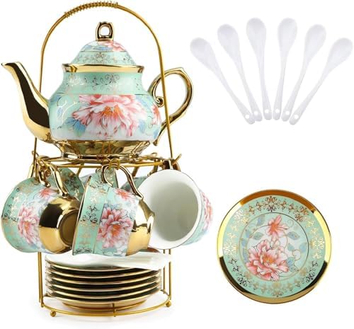 20Pcs Porcelain Tea Set with Metal Holder and Spoons, Floral Tea Sets for Adults with Teapot Cups Saucers, European Ceramic Tea Parties Set for Women （Large） (Green) by KUK