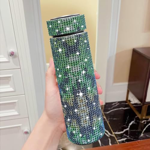 17 oz Bling Stainless Steel Water Bottle Rhinestone Vacuum Water Bottle Glitter Bottles Diamond Vacuum Flask Mug Gift Girls Women (500ml), Green Mang Pattern - Image 3