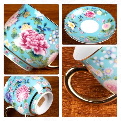 KAMMAK Tea Cup and Saucer, Ceramic Coffee Cups, 7.1 oz, Set of 2 - Image 4