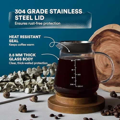 Ovalware Glass Range Coffee Server For Pour Over Coffee & Tea - 600ml and 800ml Microwave Safe & Heatproof 2.5mm Thick Glass Body - Image 3