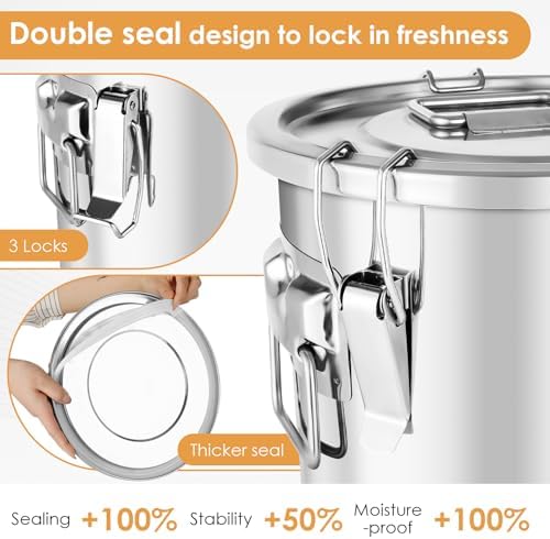 304 Stainless Steel Food Containers with Lids,21L/40LBS Airtight Food Storage Containers with Lock Clips for Flour Rice Sugar Coffee Bean,Stainless Steel Food Storage Containers for Kitchen - Image 4
