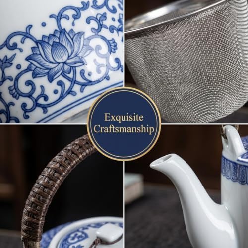 Jingdezhen Blue and White Ceramic Tea Set, Traditional Chinese Porcelain Teaset with 1 Teapot, 6 Teacups, Ceramic Tray, Stainless Steel Infuser & Gift Box - Image 2