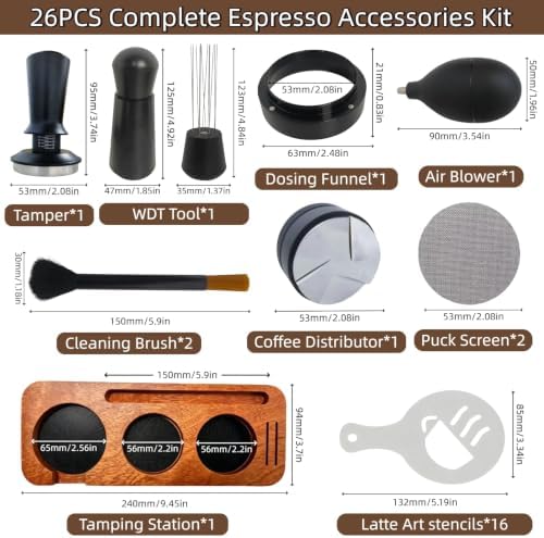 26 PCS Espresso Accessories Kit, 53mm Espresso Tools kit with espresso tamping station,Distributor,Tamper,WDT tool espresso,Dosing Funnel,Brush,Puck Screen,Coffee Stencils,Air blower ﻿ - Image 2