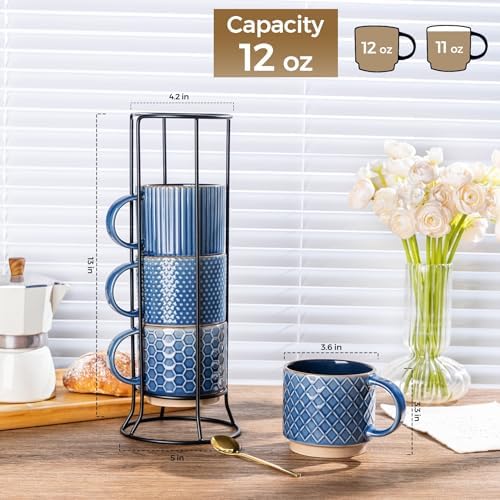 GBhome 12 OZ Stackable Coffee Mugs Set of 4, Ceramic Coffee Cups Set - Image 3