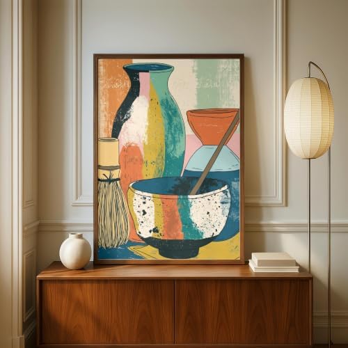 Matcha Tea Set Wall Art, Colorful Abstract Kitchen Print with Bowl, Whisk and Vases, Mid Century Boho Decor - 11x14 in (27x35 cm) - Image 4