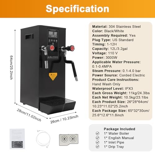 Commercial Milk Frother, 3KW 12L Multi-Purpose Full-Automatic Steam Boiling Water Frothing Machine Steam Milk Frothing Machine with 12H Timing Function for Tea Coffee Dessert Milk (BLACK) - Image 3