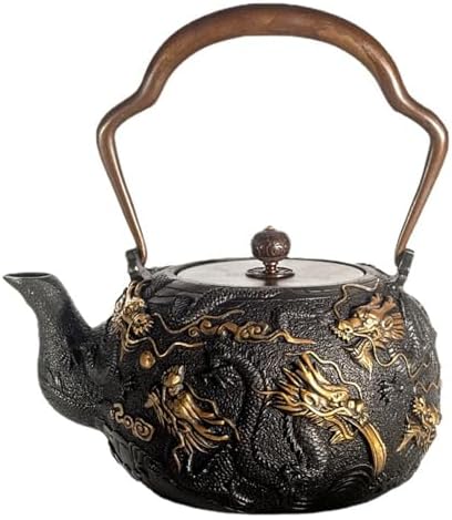 Japanese Cast iron Teapot, 1.4L Tea Kettle for Stovetop Safe, Keep Warm Gilding Nine Dragons Pattern cast Iron Kettle For Coffee Tea Bags Loose Tea Black Tea by Unknown