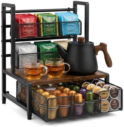 3 Tier Coffee Station Organizer with Drawer and Hanging Baskets, Wood & Metal Large Capcity Coffee Bar Organizer for K Cups, Coffee Pods, Tea Bags, Sugar Packets, Countertop Storage Rack by Unknown