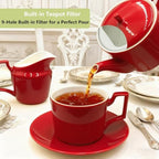 Red Tea Set with Teapot, Cups, Sugar & Creamer Set, Tea Party Service - Image 3