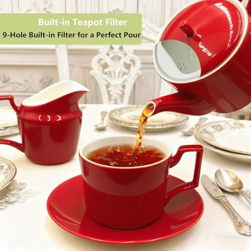 Red Tea Set with Teapot, Cups, Sugar & Creamer Set, Tea Party Service - Image 3