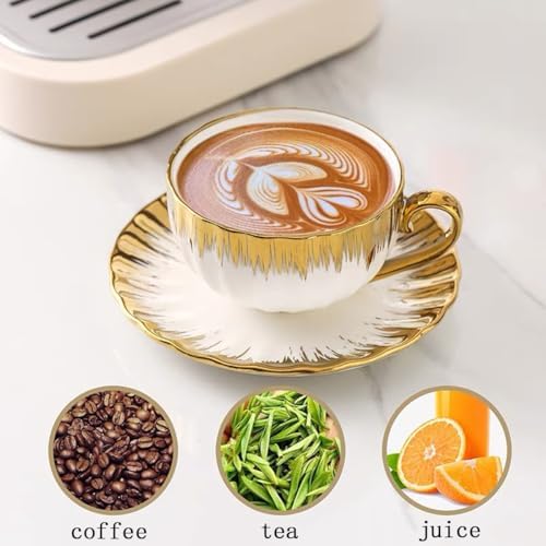 Gold Rimmed Ceramic Coffee Mug with Saucer Cappuccino Mug, 6 oz, for Coffee, Latte, Tea, Set of 6 (gold, Medium) - Image 3