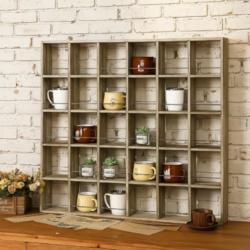 Kigley Oversize Coffee Mug Display Rack Wooden Shelves Rustic Shot Glass Display Case Travel Mug Shelf Wall Mounted Rack Holder Shadow Box(5 x 6,Brown) by Kigley