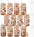 12 Pcs Christmas Glass Cups 16 oz with Lid Straw, Stylish Style by Yetene