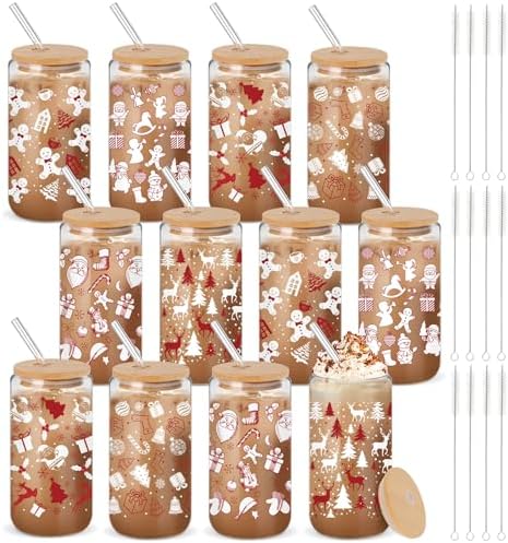 12 Pcs Christmas Glass Cups 16 oz with Lid Straw, Stylish Style by Yetene
