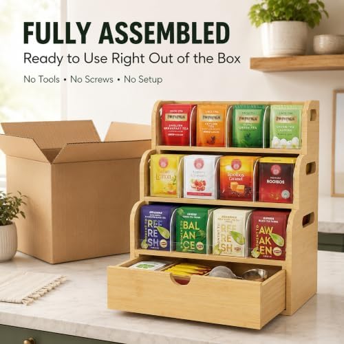 Bamboo Tea Bag Organizer, 4 Tier with Drawer - Image 5
