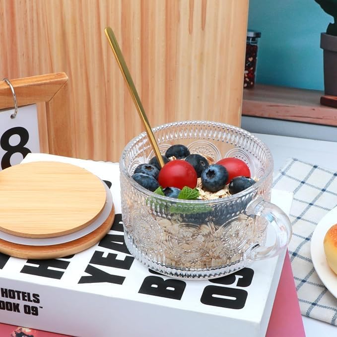 Overnight Oats Containers with Lids Set of 4pcs-420ml, Vintage Coffee Mugs gifts for women, Glass Cups with Spoons and Bamboo Lids,Great for Coffee, Overnight Oats,Juice. - Image 2