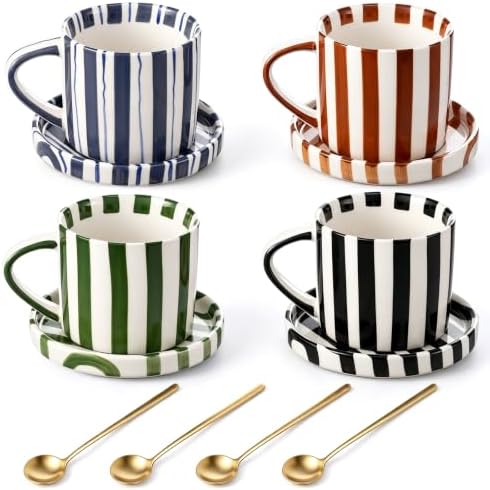 Unittype 8oz Cappuccino Cups Set of 4 with Saucer and Gold Spoons Ceramic Retro Hand Painted Striped Coffee Mugs with Handle, 4 Colors Art Cup, Dishwasher & Microwave Safe for Espresso, Latte by Unittype