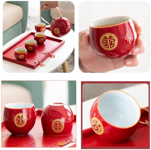 Chinese Wedding Tea Set, Red Porcelain Teapot, 8 Cups, Tray and Gift Box - Image 5