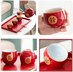 Chinese Wedding Tea Set, Red Porcelain Teapot, 8 Cups, Tray and Gift Box - Image 5