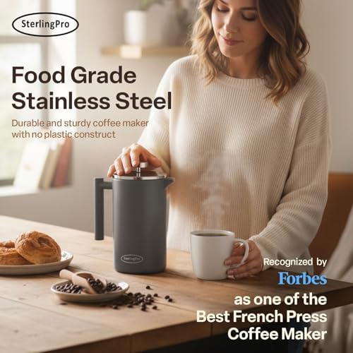 SterlingPro 1.75 L 59 oz Grey Extra Large French Press Coffee Maker and 2 Pack Replacement Screens Bundle Stainless Steel Double Wall Insulated for Tea and Coffee - Image 5