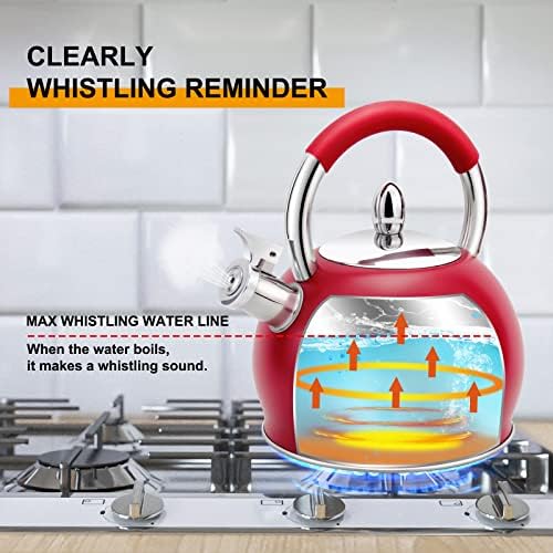 Whistling Tea Kettle for Stove Top Stainless Steel Tea Pot with Ergonomic Silicone Handle Teapot for Stovetop 3.2 Quart / 3 Liter Red - Image 3