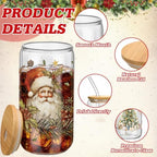 Teenyyou 12 Sets of Christmas Glasses Cups with Bamboo Lid and Glass Straw 16 oz Vintage Christmas Glass Jar Winter Drinking Cups Santa Snowman Elk Coffee Cup for Women Men Xmas Holiday Party Gifts - Image 3
