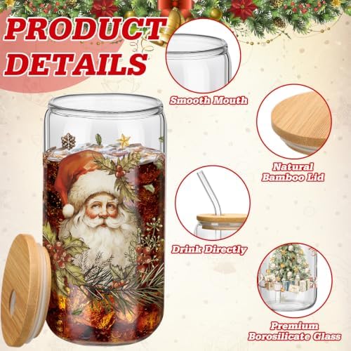 Teenyyou 12 Sets of Christmas Glasses Cups with Bamboo Lid and Glass Straw 16 oz Vintage Christmas Glass Jar Winter Drinking Cups Santa Snowman Elk Coffee Cup for Women Men Xmas Holiday Party Gifts - Image 3