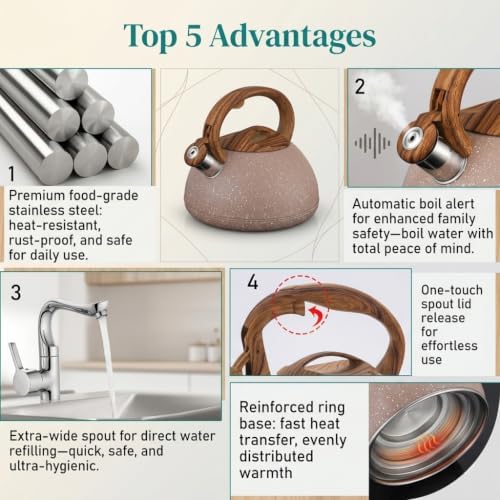 3.1QT/3L Whistling Tea Kettle for Stove Tops,Tea Kettle for Stovetop,Stainless Steel Tea Pot with Anti-Heat Handle and Simple Touch Button to Control Kettle Outlet - Image 6