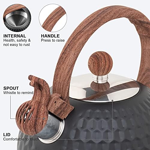 Whistling Stainless Steel Tea Kettle with Wood Grain Anti Heat Handle, Cylindrical Wood Grain Stainless Steel Cover,2.6 Quart/2.5 Liter, Black - Image 5