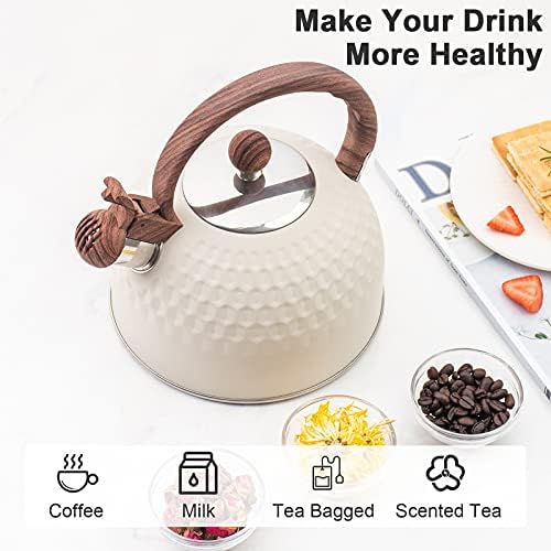 Whistling Stainless Steel Tea Kettle with Wood Grain Anti Heat Handle, Cylindrical Wood Grain Stainless Steel Cover, 2.6 Quart/2.5 Liter, Beige - Image 4