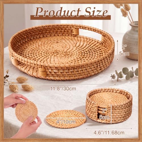 6 Pcs Rattan Coasters with Holder, Rattan Round Serving Tray Set - Image 2