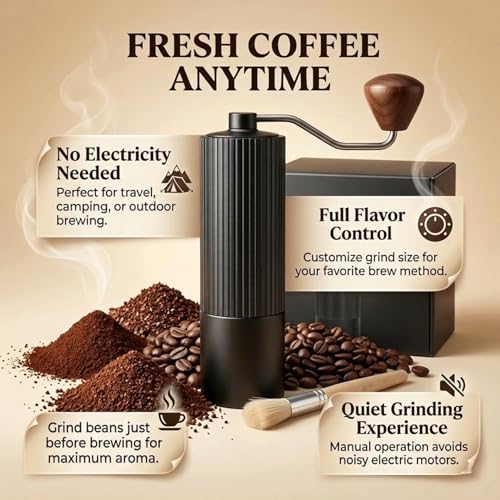 Manual Coffee Grinder with Strainer & Brush, Adjustable Stainless Steel Burr, 30g Hand Crank Coffee Mill, Aluminum Body & Walnut Handle for Espresso, Turkish Coffee & French Press - Image 4