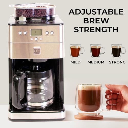 Kenmore Elite Grind and Brew Coffee Maker w/ Burr Grinder, 12 Cup Programmable Automatic Timer Brew Coffee Machine, Air-Tight Bean Hopper, Grind Size and Brew Strength Selectors, Stainless Steel - Image 3