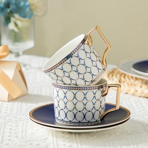 CwlwGO-Bone China Cups & Saucers Set 2, (7 oz) with Gold Spoon and Gifts Box, White Tea Cups Sets, Cappuccino Cups, Ceramic British Coffee Cup Set. by HappleCwlwgoHome