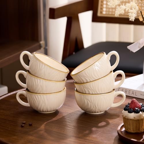 Coffeezone Set of 6 Vintage Design 12 oz Professional Barista Ceramic Latte Art Cappuccino Cups Set (Wave Beige) - Image 6