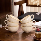 Coffeezone Set of 6 Vintage Design 12 oz Professional Barista Ceramic Latte Art Cappuccino Cups Set (Wave Beige) - Image 6