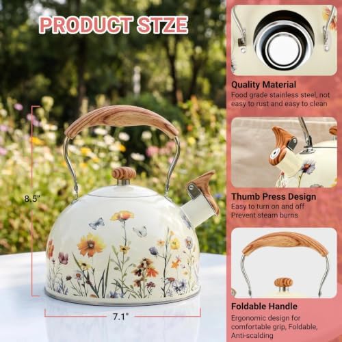 Sylfaen Tea Kettle for Stove Top, 2.5 Quart Floral Whistling Kettle, Beige - Image 2