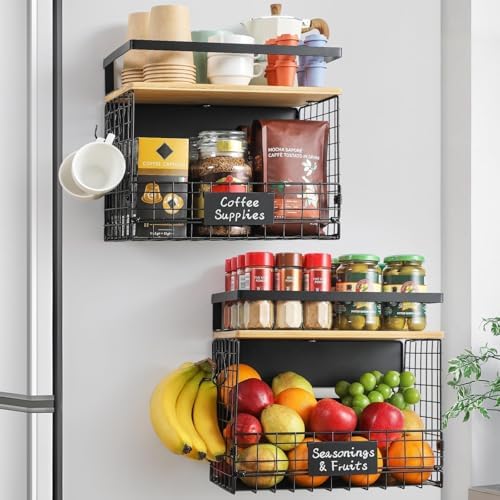 [WIDER SHELF] 2 SET Strong Magnetic Shelf Basket for Fridge with Tag & Bamboo Top, XXL Large Magnetic Spice Rack Shelves for Side of Refrigerator, Kitchen Pantry Storage Organizer for Food Fruit Veg by Unknown
